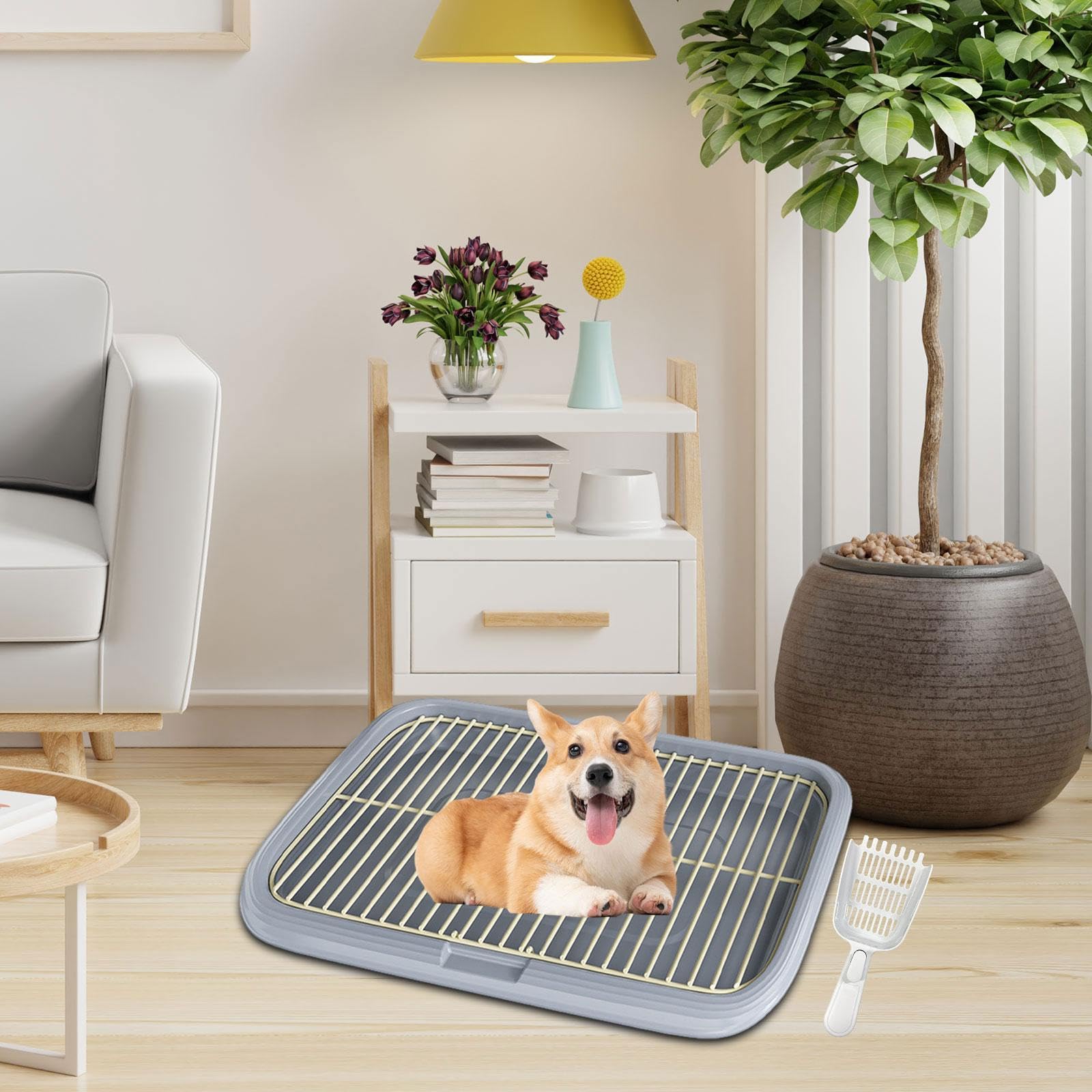 Dog Potty Toilet, Potty Mesh Grids, Pet Pee Toilet, with Scoop Puppy Pee Pad Holder Dog Toilet, for Small Size Dogs, Gray, XL