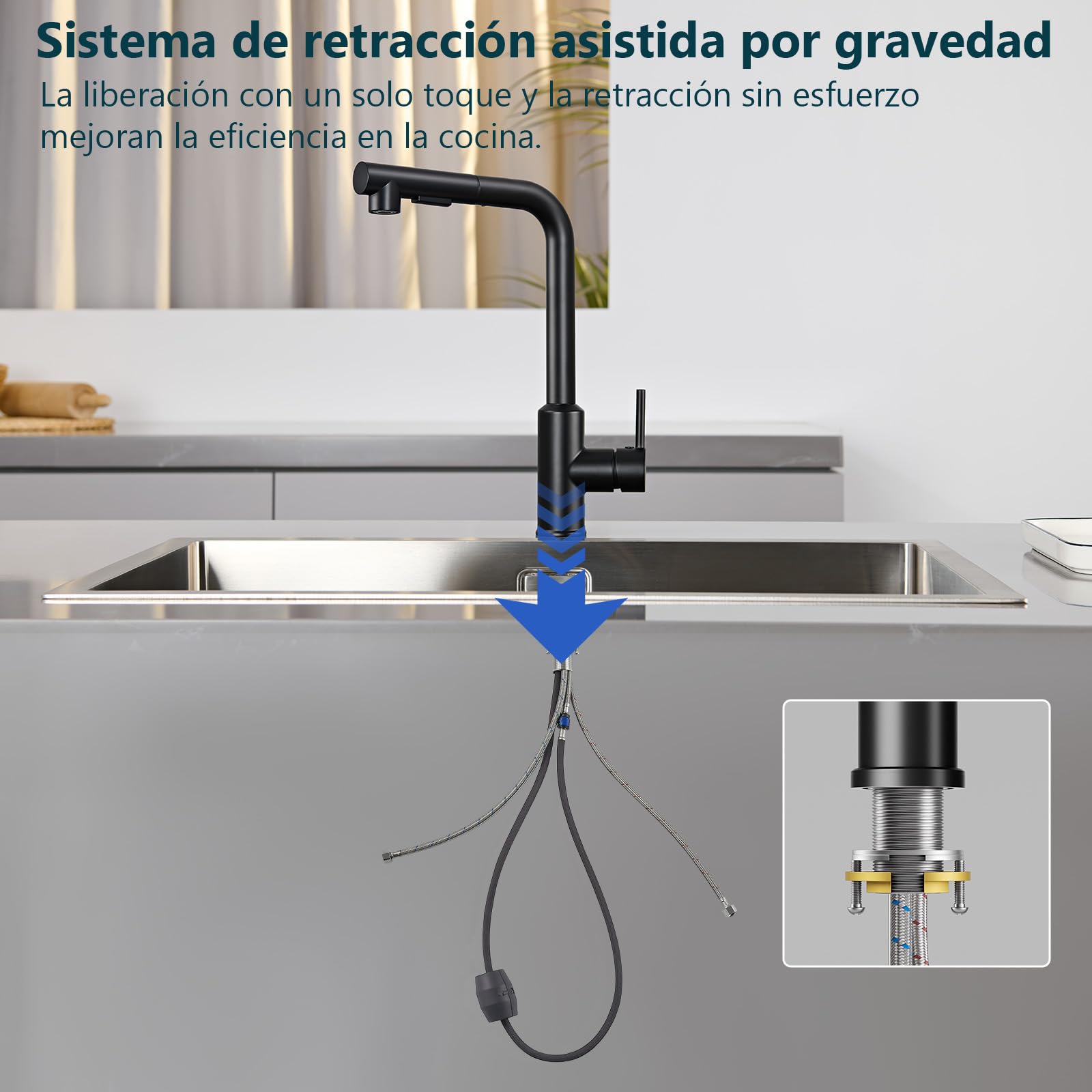 Grifo de Cocina Negro, Grifo Mezclador de Cocina con Rociador Extraíble, Grifo de Fregadero Giratorio 360°, Grifo Aleación resistente a la corrosión, Dos Funciones de Rociado, Negro Mate | Grifo de cocina extensible, grifo de cocina de alta presión, grifo