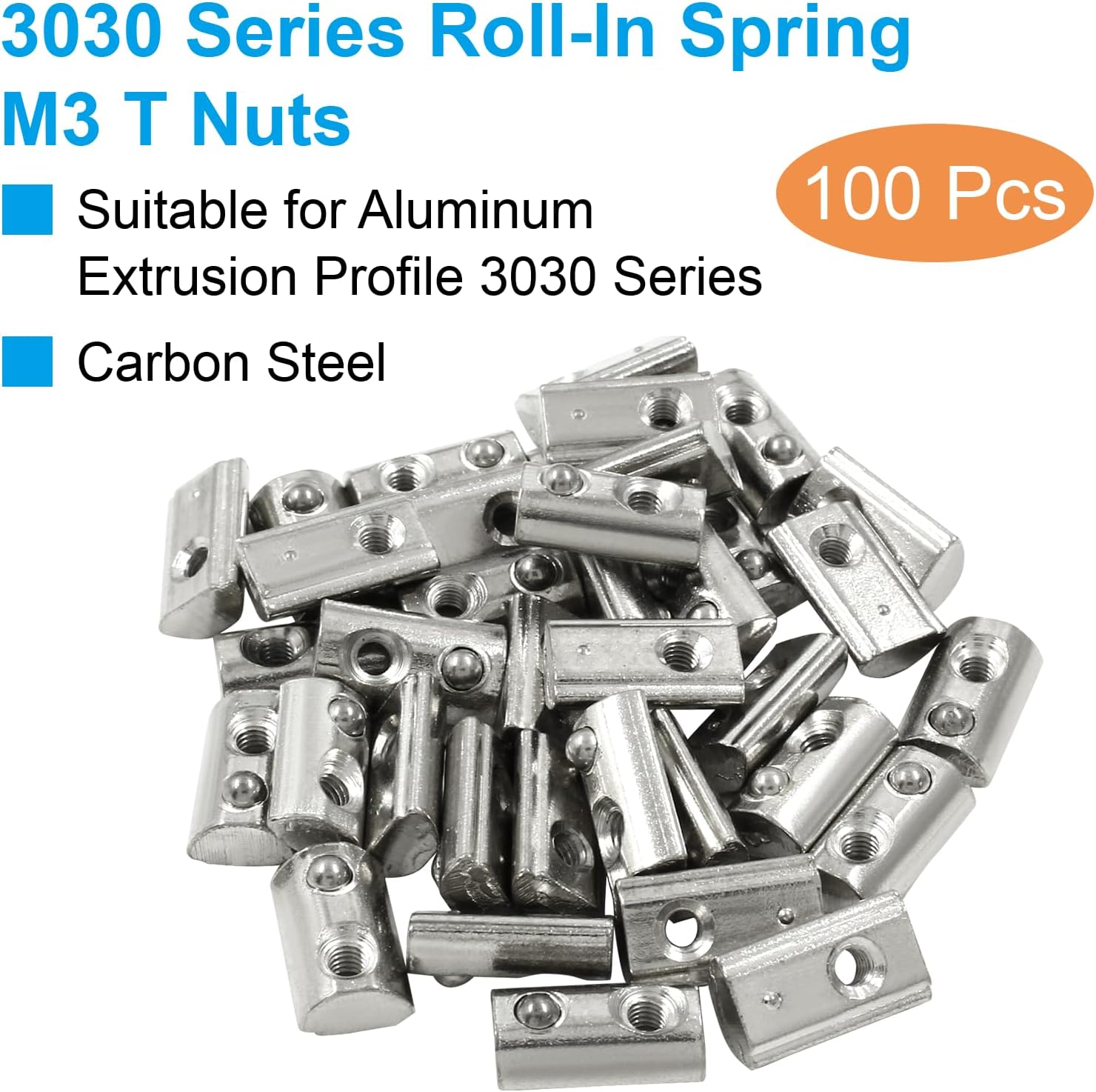 100Pcs M3 T Nuts, 2020 Series Half Round Roll in Spring