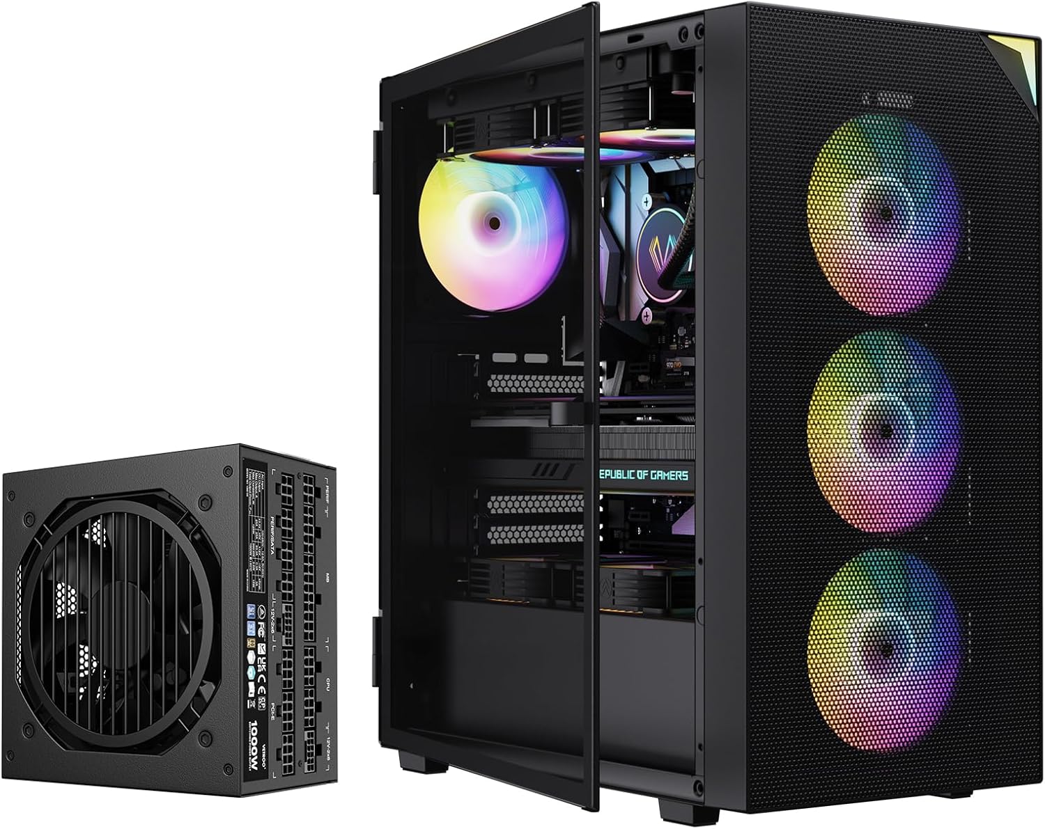 Vetroo AL800 ATX Mid Tower PC Case Built-in ARGB LED Strip Pre-Installed ARGB & PWM FDB Fan with 1000W Power Supply 80 Plus Gold Full Modular ATX 3.1 PCIE 5.1 - Black