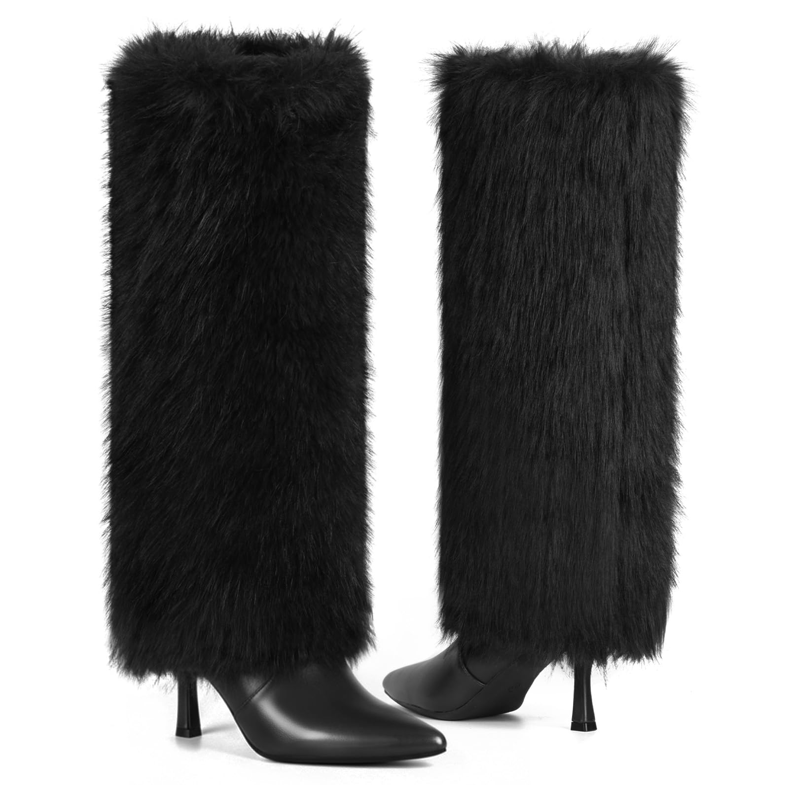 Womens 3.3-inch Kitten Heel Knee High Fur Boots Furry Fuzzy Fluffy Pointed Toe Boots for Women Tall Wide Calf Fall Winter Snow Fold Over Boot with Side Zipper-image-15
