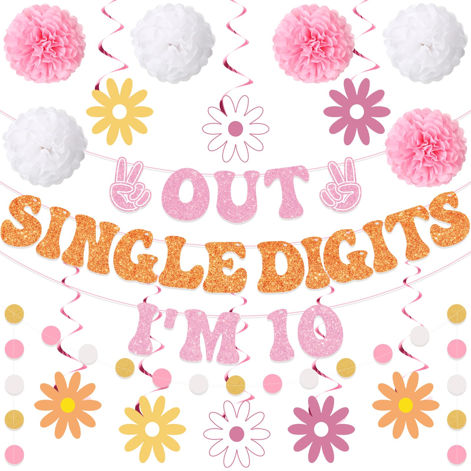 Photo 1 of 16pcs Happy 10th Birthday Decorations for Girls, Out Single Digits I'm 10 Banner Hanging Swirls Circle Dot Garland Pompoms Daisy Flower 10 Year Old Birthday Decorations Supplies for Girls