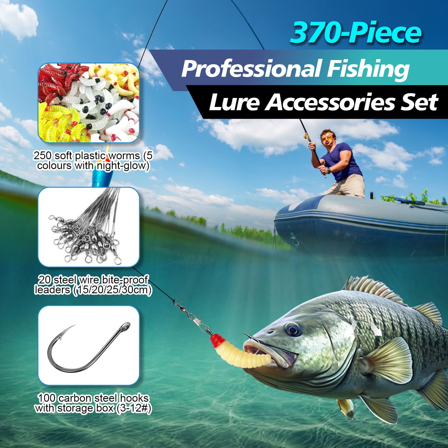 Kit de Pesca con 370 Artículos 100 Anzuelos de Pesca en Acero Carbono (3-12#) en Estuche 250 Señuelos Black Bass PVC (5 Color) 20 Alambre Guía Acero (15/20/25/30 cm) Señuelos para Pescar Noche/Fondo — view 6