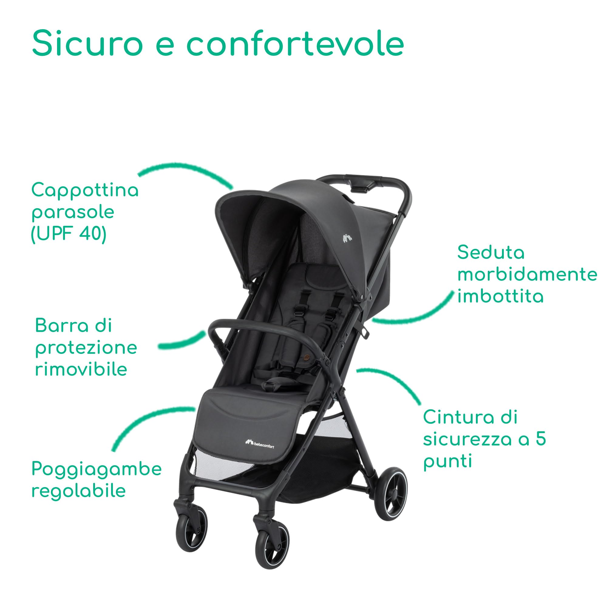 Bebeconfort Azur, Passeggino Compatto, 0-3 anni (15 kg), Passeggino Leggero, Chiusura Automatica a Una Mano, Reclinabile Fino a Posizione Sdraiata, Spazioso Cestello Portaoggetti, Mineral Graphite
