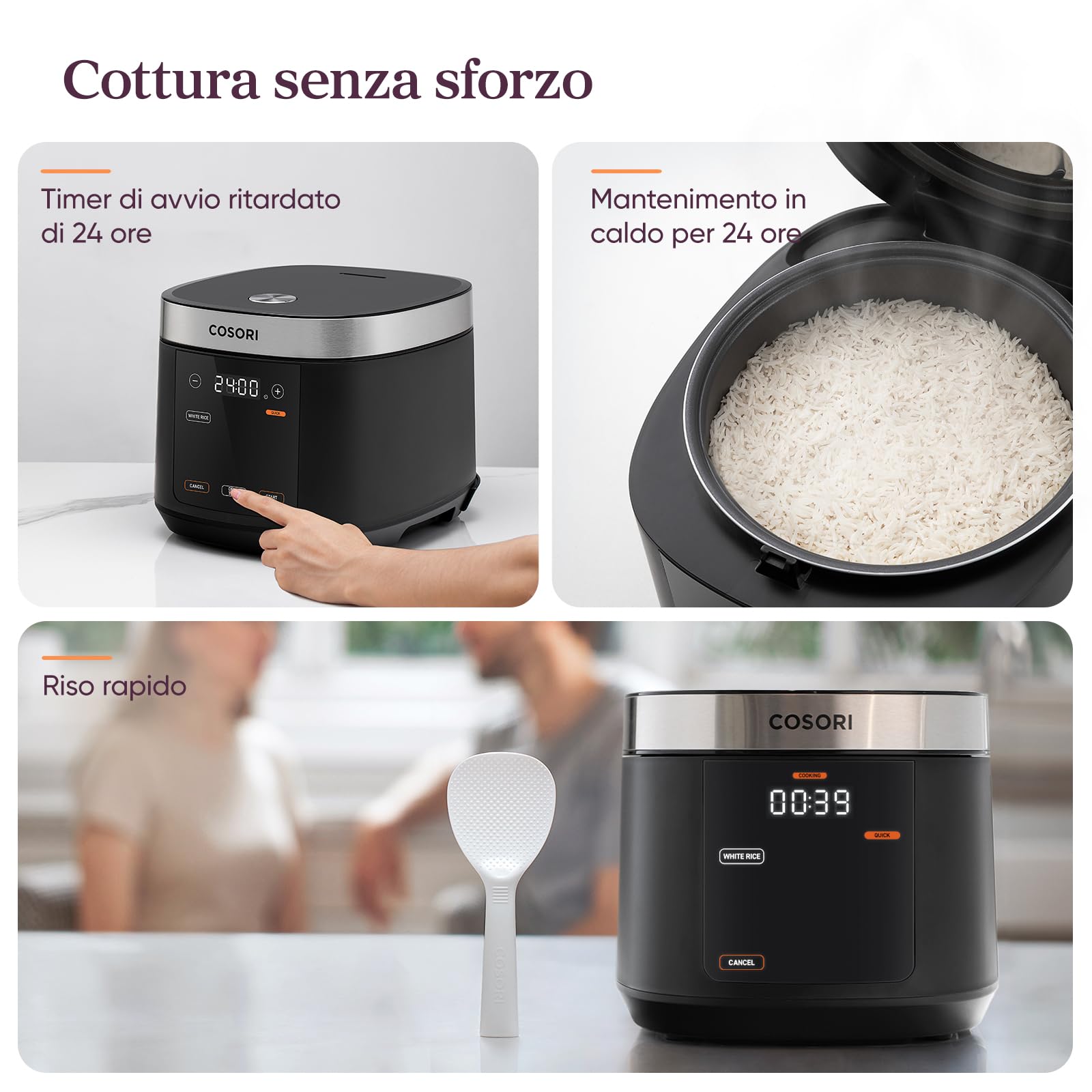 COSORI Cuociriso Elettrico 1,8L, 17 Programmi, Pentola Cuociriso, Ceramico | 1-10 Persone e Logica Fuzzy, Vaporiera con Cestello in Acciaio Inox, Timer e Mantenimento Calore, 50 Ricette incluse