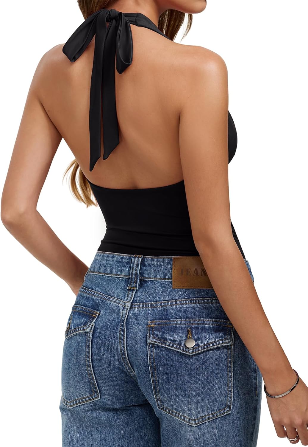 REORIA Womens Sexy Cowl Neck Halter Body Suits Summer Open Back Bodysuit Tank Tops - Image 2