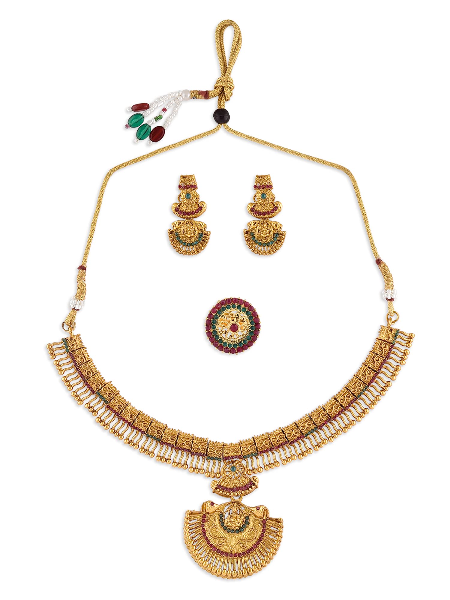 ZAVERI PEARLS Pink & Green South Indian Style Temple Necklace Earring & Ring Set For Women-ZPFK10800 (B09GN9R65R) Amazon Price History, Amazon Price Tracker