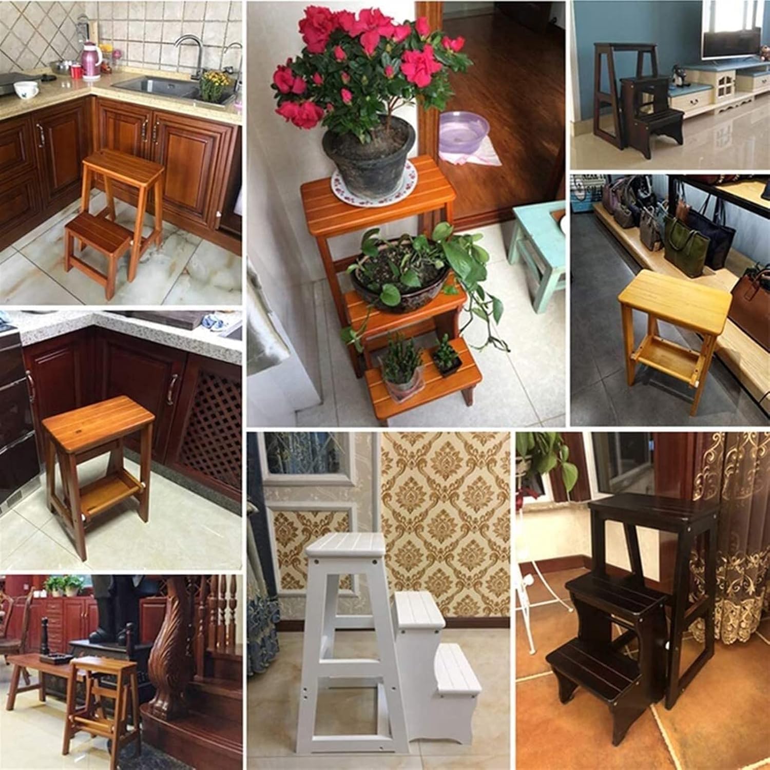 Step Stool 2 Steps, Solid Wood Ladder Folding Stepladder Adult Indoor Wooden Flower Shelf Load Bearing 150Kg Portable Ladder Stepladder (B)