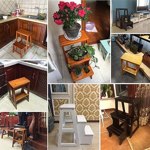 Miniatura 5 de Taburete escalonado, 2 escalones, escalera de madera maciza, escalera plegable para adultos, estante de madera para interiores, con rodamiento de