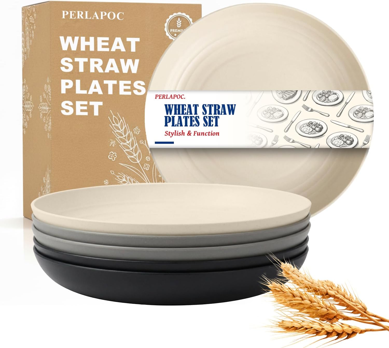 8 Inch Small Plates Set of 6, Wheat Straw Unbreakable Deep Plates, Reusable Plastic Plate for Appetizer, Microwave Dishwasher Safe Salad Plate, Ideal for Family, Camping, RV, Grey Stone