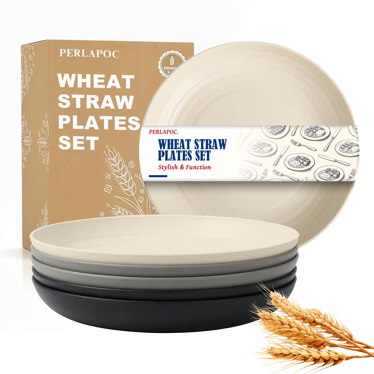 8In Wheat Straw Small Plates, 6PCS Resuable Deep Plates, GreyStone