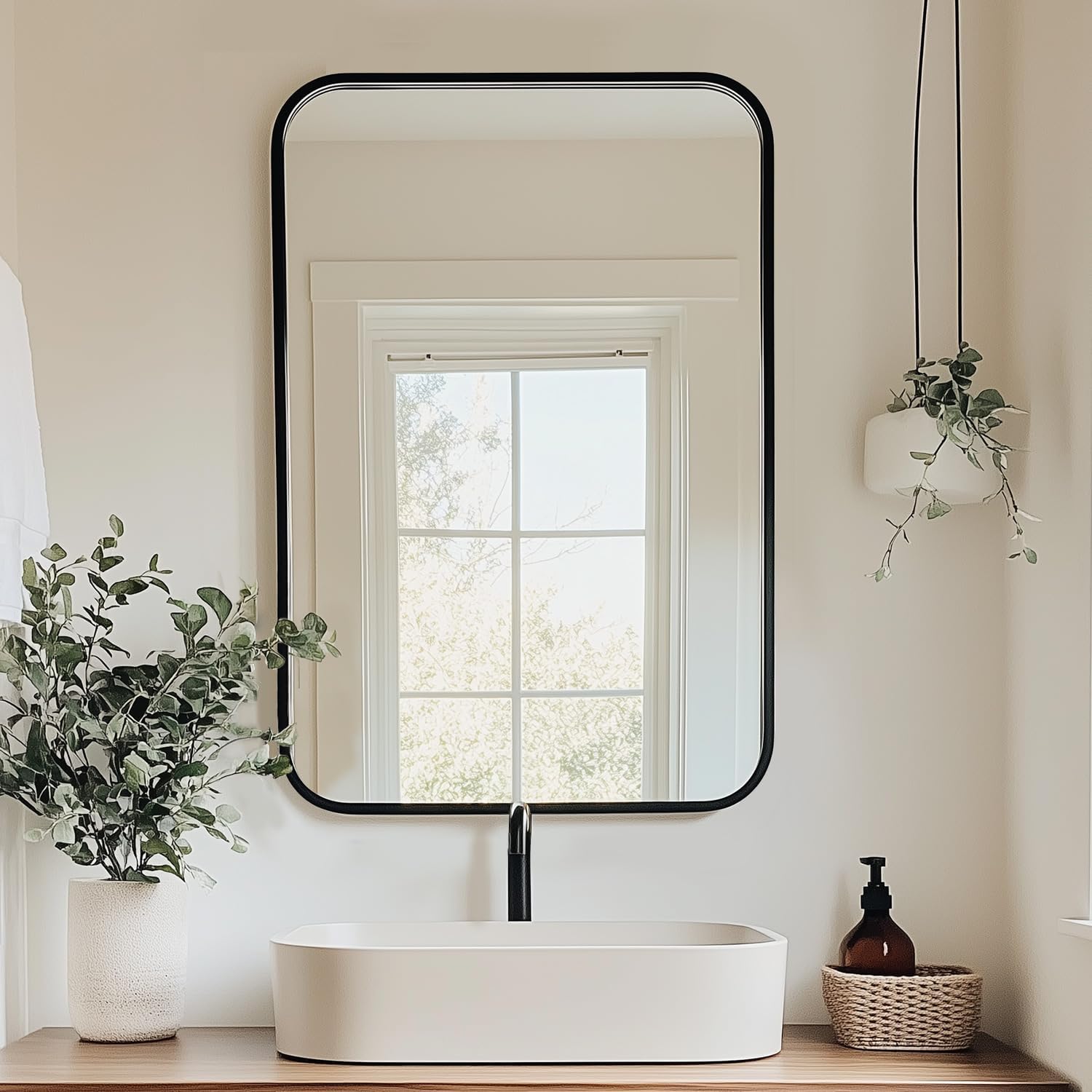 Antok 22x30 Black Metal Framed Bathroom Mirror, Wall Mirror with Round Corners, Vanity Mirror for Over Sink, Anti-Rust Tempered Glass, Horizontal/Vertical Hanging for Bathroom, Living Room, Entryway