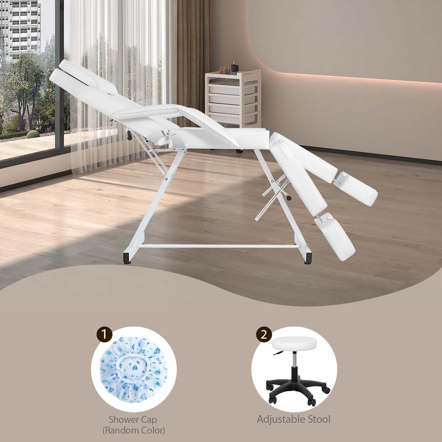 Facial Chair Esthetician Table with 2 Adjustable Split Legs Multi-Purpose Facial Bed Tattoo Chair with Removable Headrest Multipurpose Equipment for Salon Beauty - White