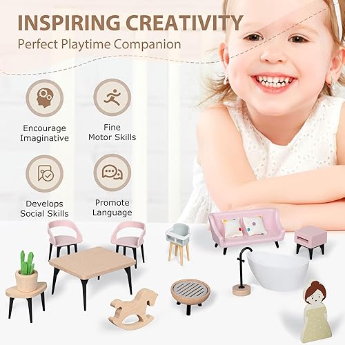 Miniatura 7 de Juego de muebles de casa de muñecas de madera, accesorios y muebles para casa de muñecas, con 7 habitaciones, 3 muñecas, incluye juego de patio y