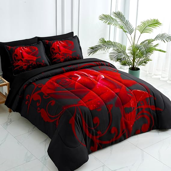 WONGS BEDDING Red Comforter Set Full, 7 Pieces Reversible Red Rose Pattern Lightweight Soft Microfiber Bedding Set for All Seasons with Comforter, Flat Sheet, Fitted Sheet, Pillowcases & Shams