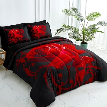 WONGS BEDDING Red Comforter Set Full, 7 Pieces Reversible Red Rose Pattern Lightweight Soft Microfiber Bedding Set for All Seasons with Comforter, Flat Sheet, Fitted Sheet, Pillowcases & Shams