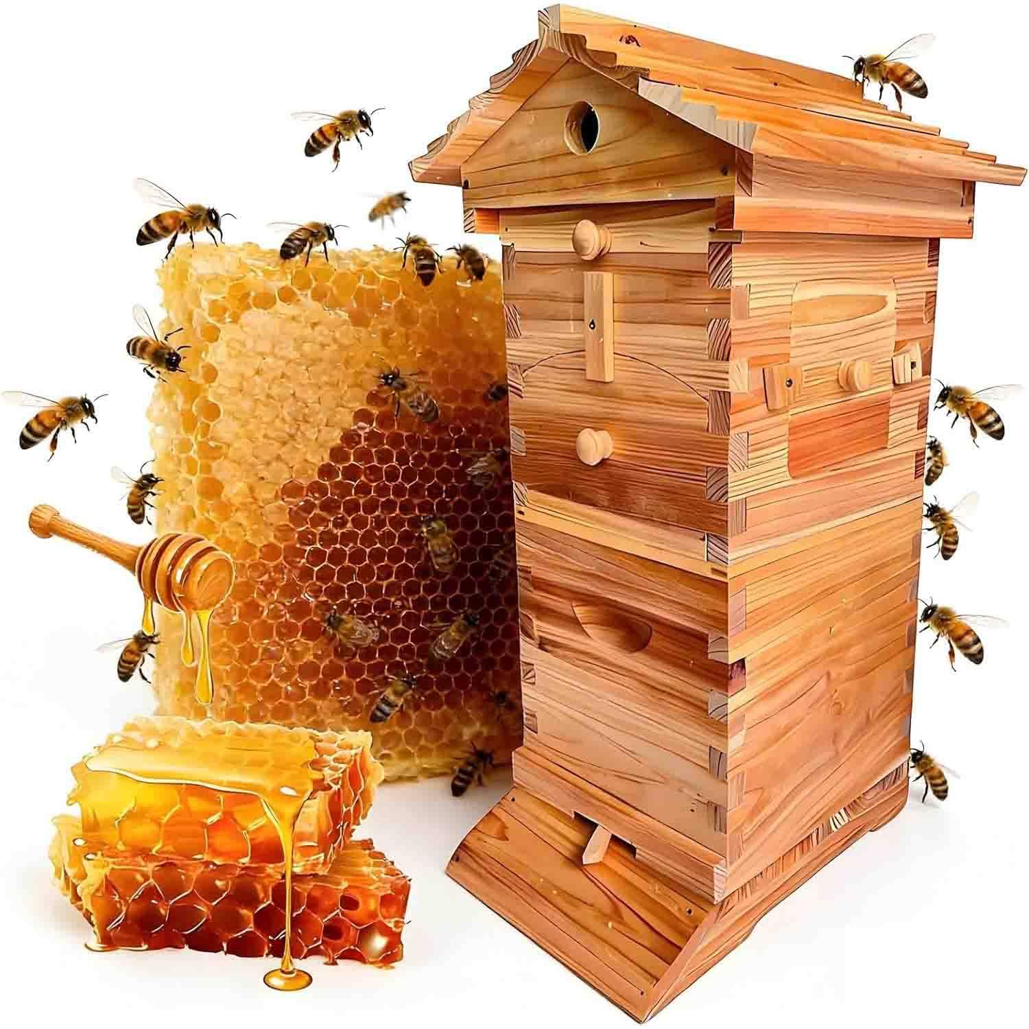 GLBMXDD Wooden Bee Hive House, Self-Flowing Honey Beehive with Observation Window and Honey Spout, Includes Carpenter Bee House, for backyard beekeeping or small-scale apiaries