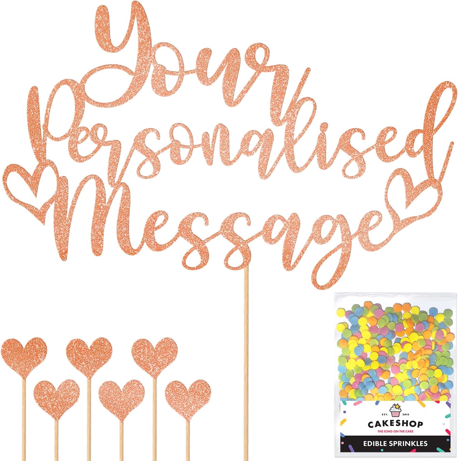 Any Text Personalised Glitter Cake Topper - Rose Gold Name, Age, Words Glitter Cake Decoration and Sprinkles - Happy Birthday Decorations - Personalised Toppers for Cakes by Cakeshop