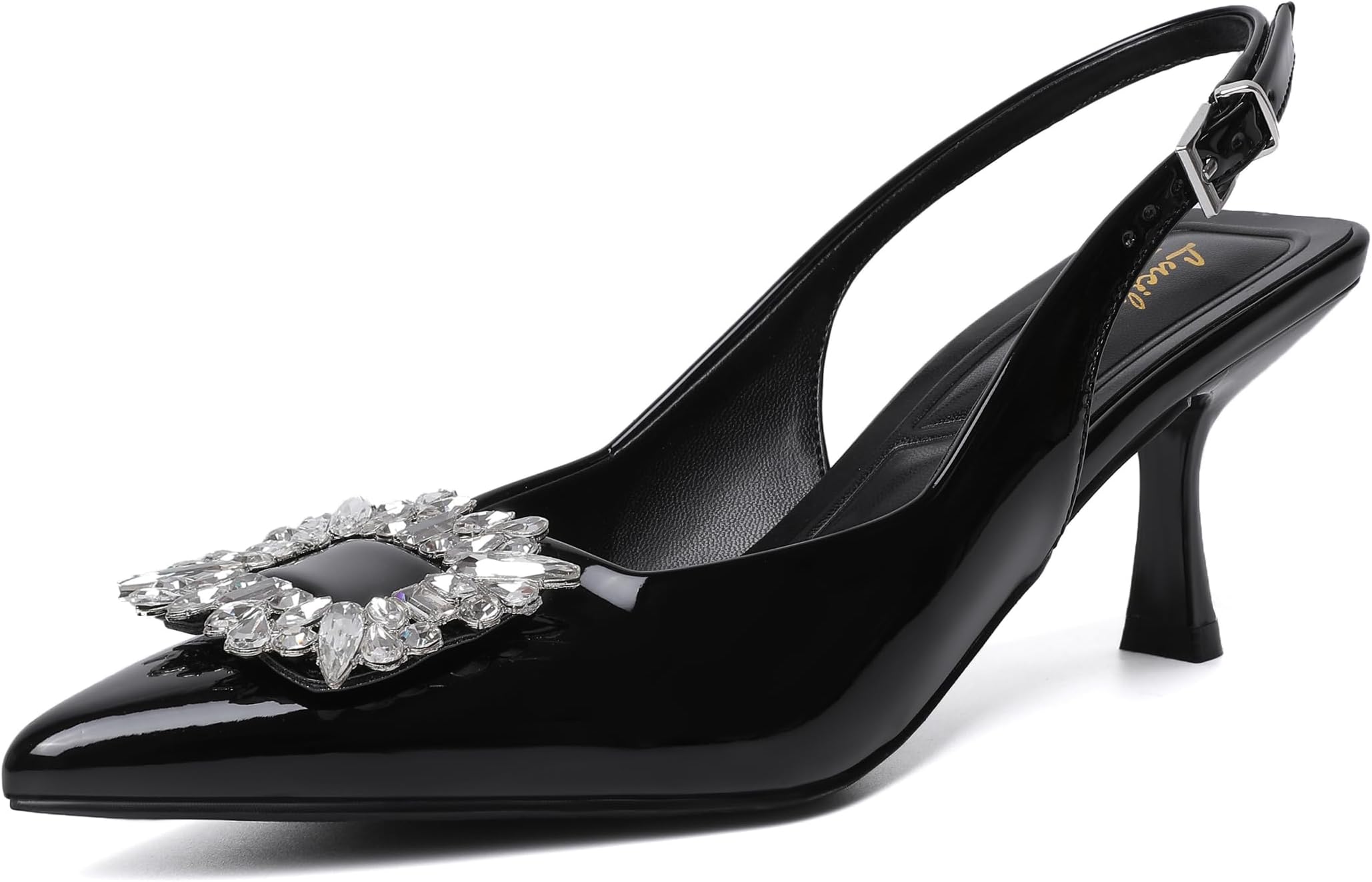 Women's Slingback Kitten Heels Closed Pointed Toe Dress Shoes with Rhinestone Wedding Party Pumps Patent Leather Dating Working