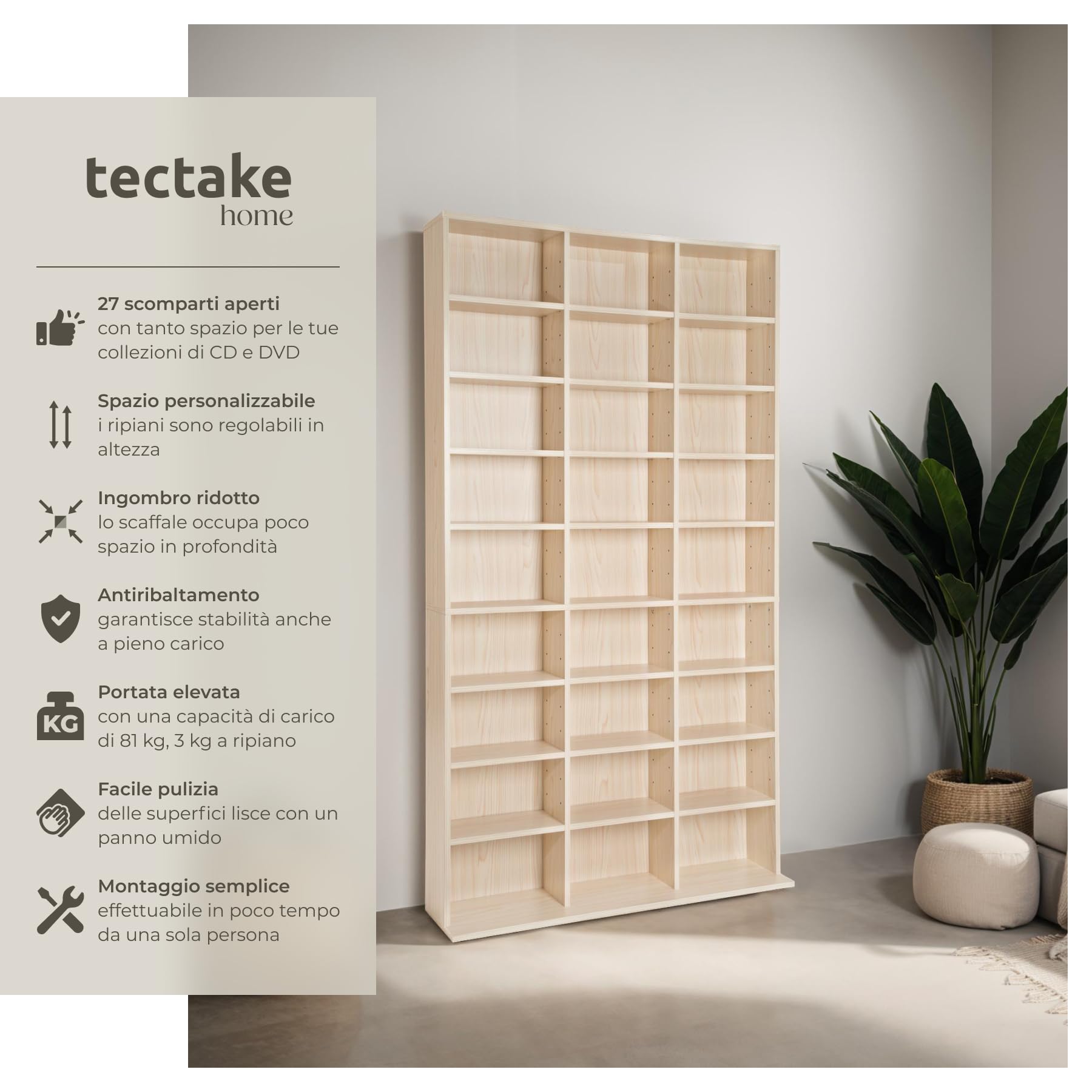 TecTake® Scaffale Porta CD DVD Archiviazione 1080 CD, Supporto di Archiviazione, 27 Piani, Facile da Montare, Materiale MDF con Rivestimento Plastico, Dimensioni 180x102x23,5 cm, Peso 34 kg - Faggio