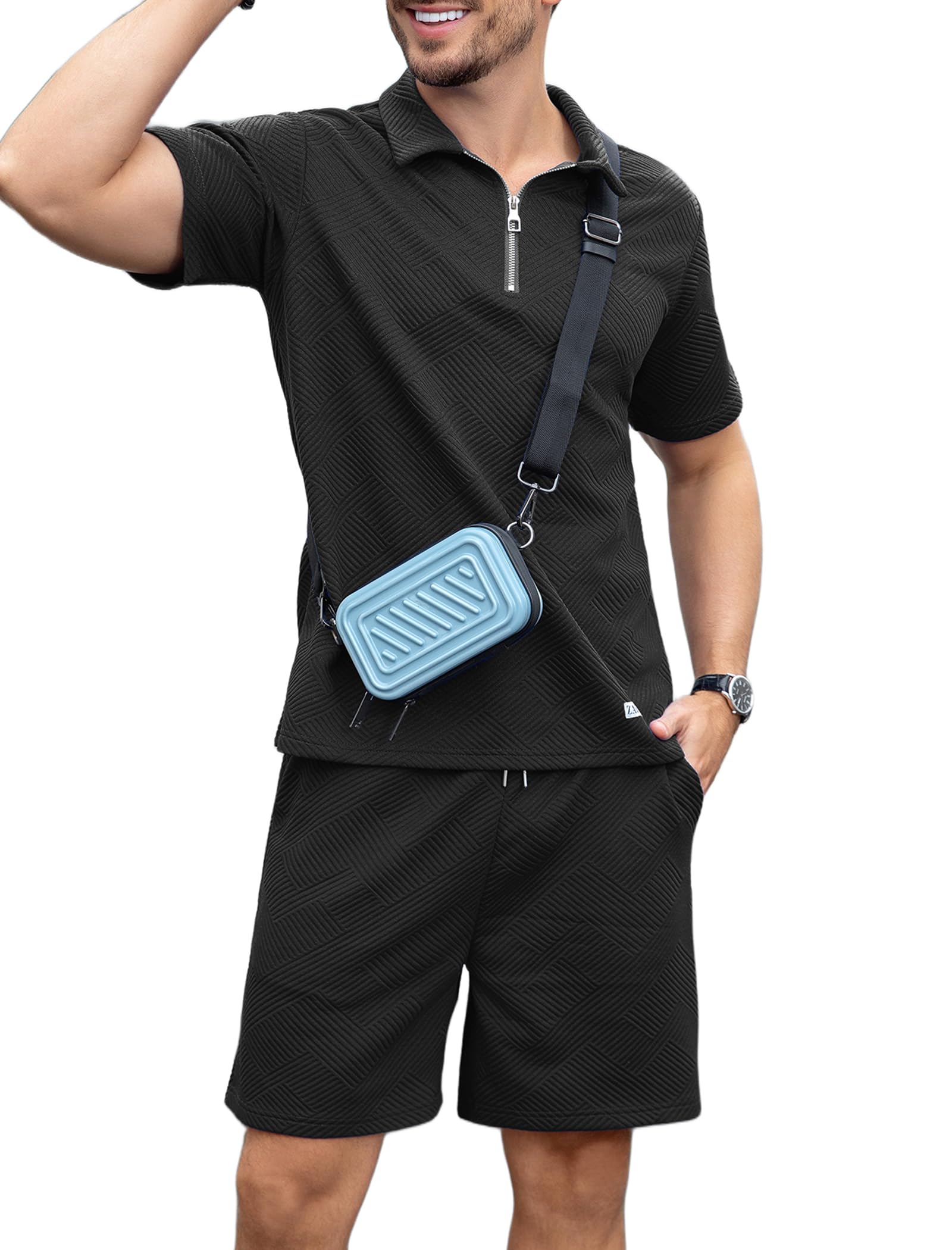 ZAFUL Men‘s 2 Pieces Sets Outfits Summer Beach Set Short Sleeve Button Down Zip Up Shirt And Short Sets