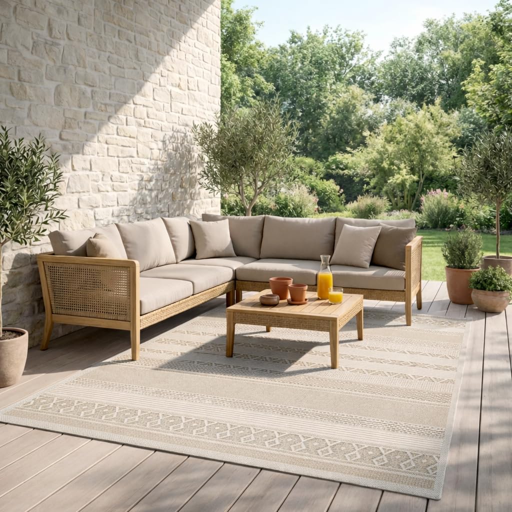 Mia’s Teppiche Denver – Tapis d’extérieur Robuste, Moderne, résistant aux intempéries et aux UV, pour Balcon, terrasse et véranda, Beige, 200 x 280 cm