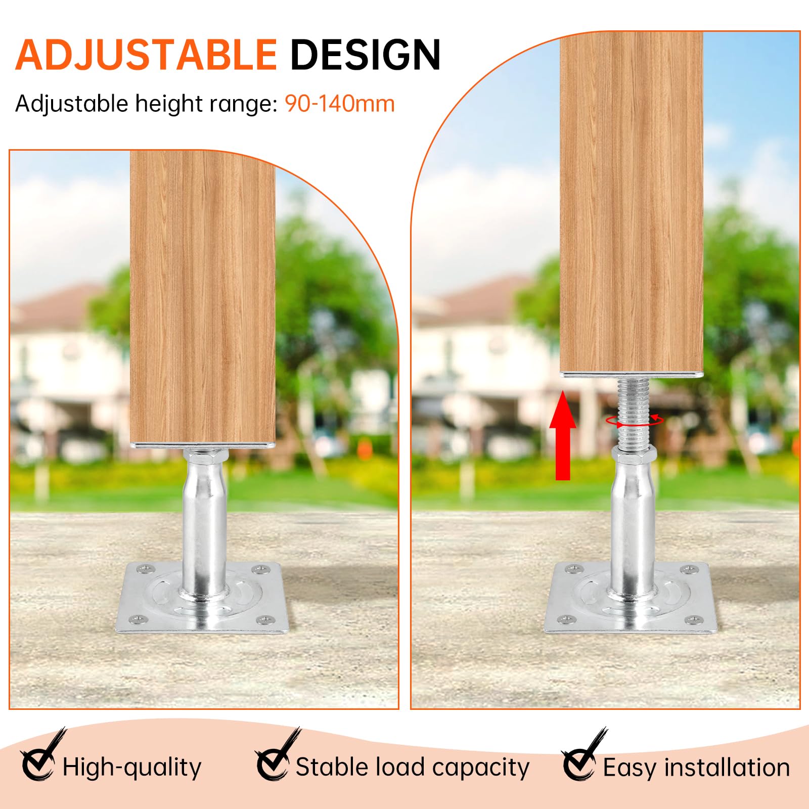 EXLECO 4pcs Supporti per Pali Regolabile in Altezza 100mm-150mm Piedini di Sostegno Acciaio Zincato Staffe Quadrate per Legno, Base di Cemento per Pali Recinzioni Pergola Gazebo Pensiline Terrazze