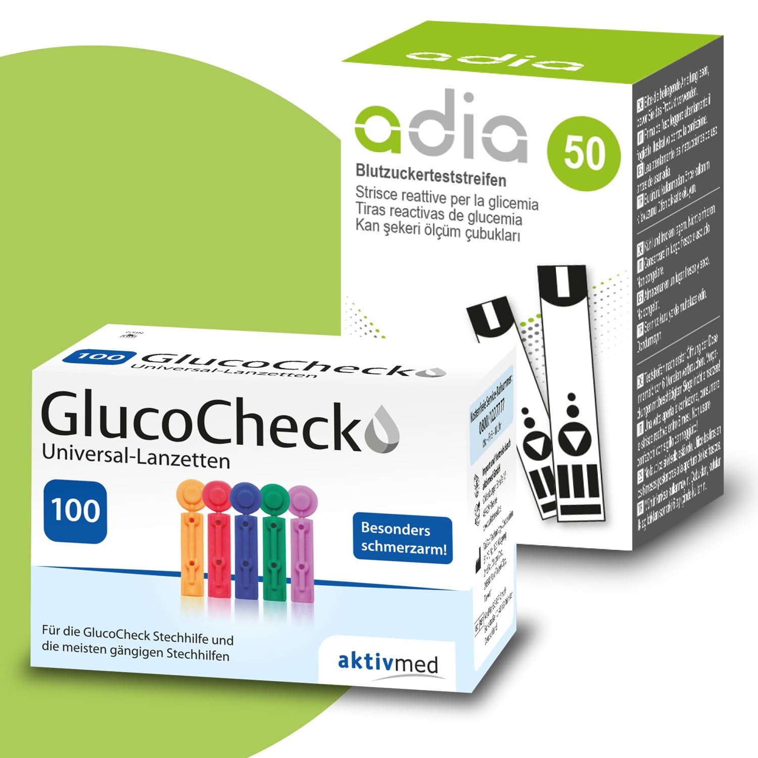 adia 50 tiras reactivas de glucosa en sangre + 100 lancetas de sangre (lancetas universales) para la medición de la glucosa en sangre: Paquete de valor para diabéticos