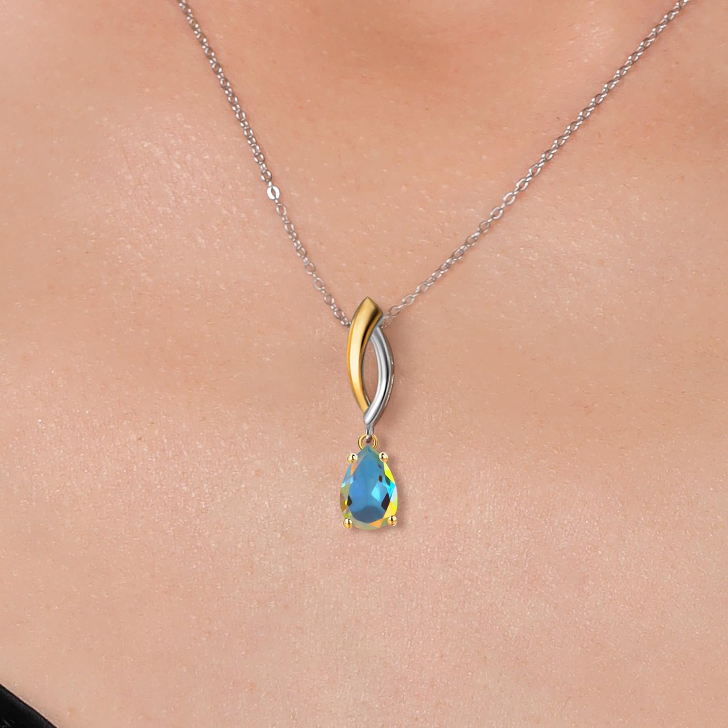 Gem Stone King 925 Silver and 10K Yellow Gold Mercury Mist Mystic Topaz Pendant Necklace for Women | 1.00 Cttw | Gemstone November Birthstone | Pear Shape 8X5MM | With 18 Inch Silver Chain - Image 3