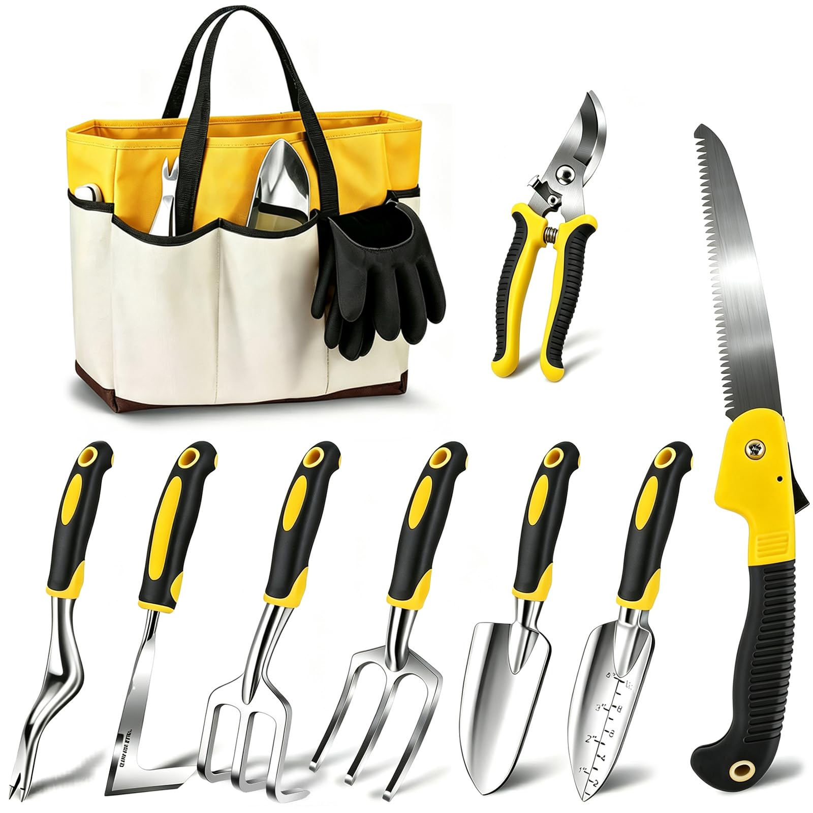 ABRFC 11-Piece Heavy Duty Garden Tool Set, Aluminium Gardening Hand Tools with Non-slip Ergonomic Handles, Includes Storage Tote Bag & Gardening Gloves, for Men & Women (Yellow)