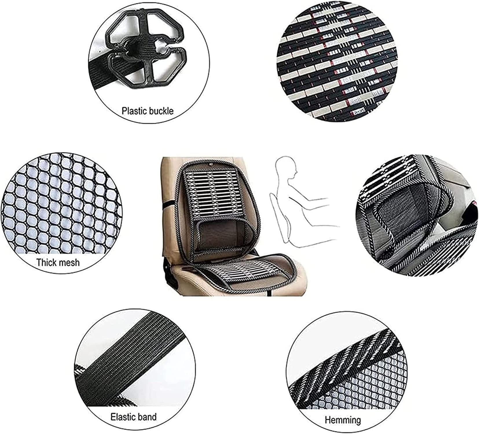 Almohadilla ergonómica de bambú for asiento de automóvil, asiento de automóvil transpirable universal Silla de oficina Cojín de cubierta de viruta de bambú con respaldo lumbar de malla fresca, almohad