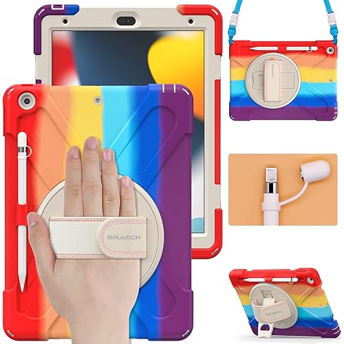 BRAECN iPad 9th/ 8th / 7th Generation Case, Heavy Duty Rugged Case with Screen Protector,Pencil Holder,Pencil Cap Holder,Hand Strap,Kickstand,Shoulder Strap for iPad 10.2” 2021/2020/2019-Colorful Red
