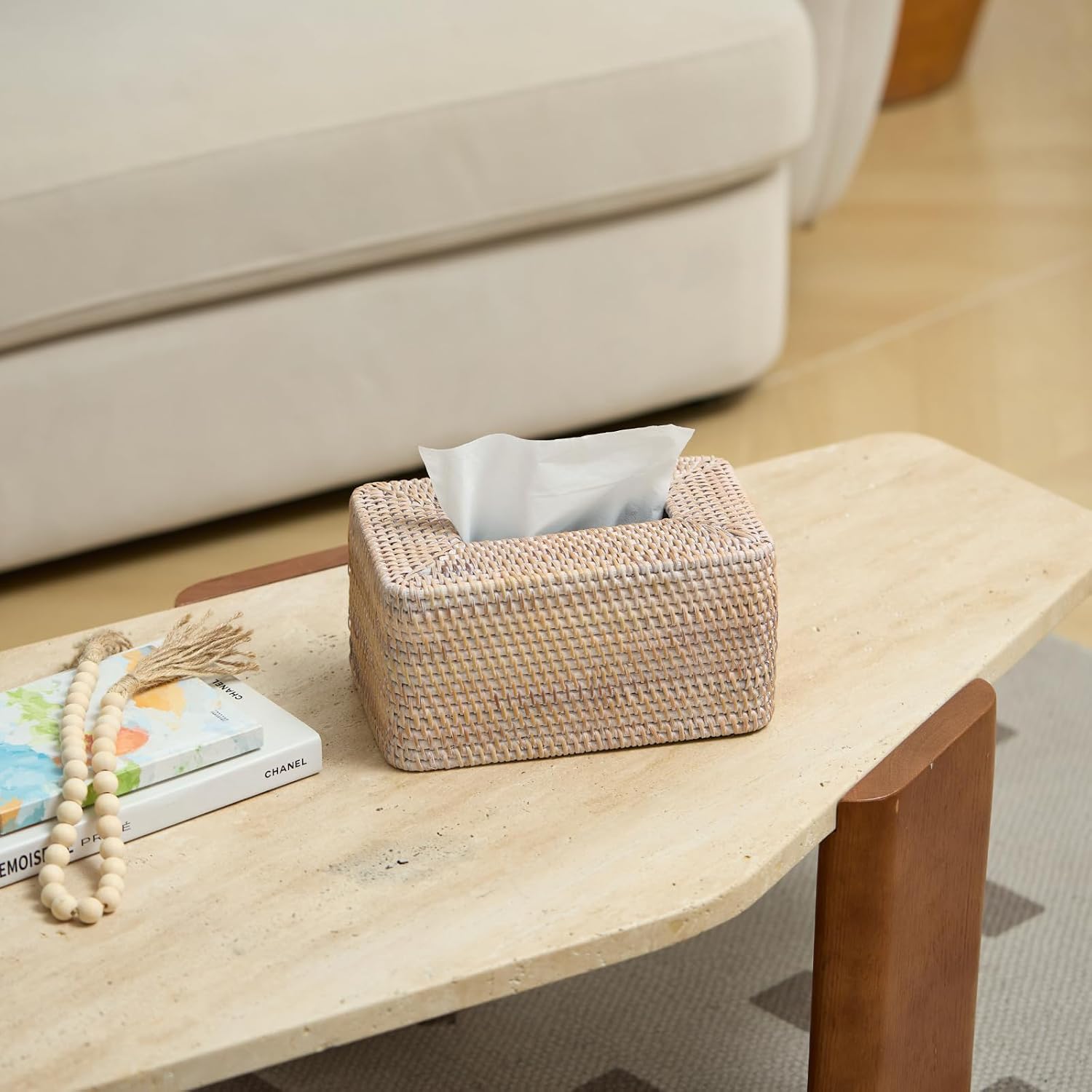 YANGQIHOME Rattan Tissue Box Cover, Rectangle Wicker Tissue Box Holder, Boho Facial Tissue Holder for Living Room, Bathroom, Kitchen, Bedroom, 10.2 x 6.2 x 5.3 inch, Whitewash image 4