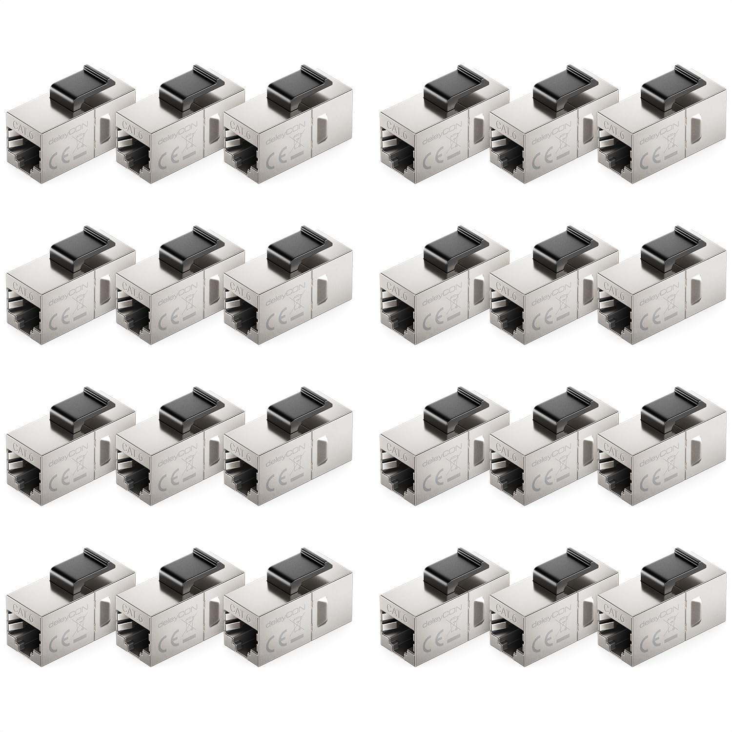 deleyCON Accoppiatore Keystone RJ45 CAT6 (Set da 24 Pezzi) - STP, Presa a Presa RJ45, 1 Gbit/s, 250 MHz, Accoppiatore LAN 1:1, Rame Nichelato - Argento