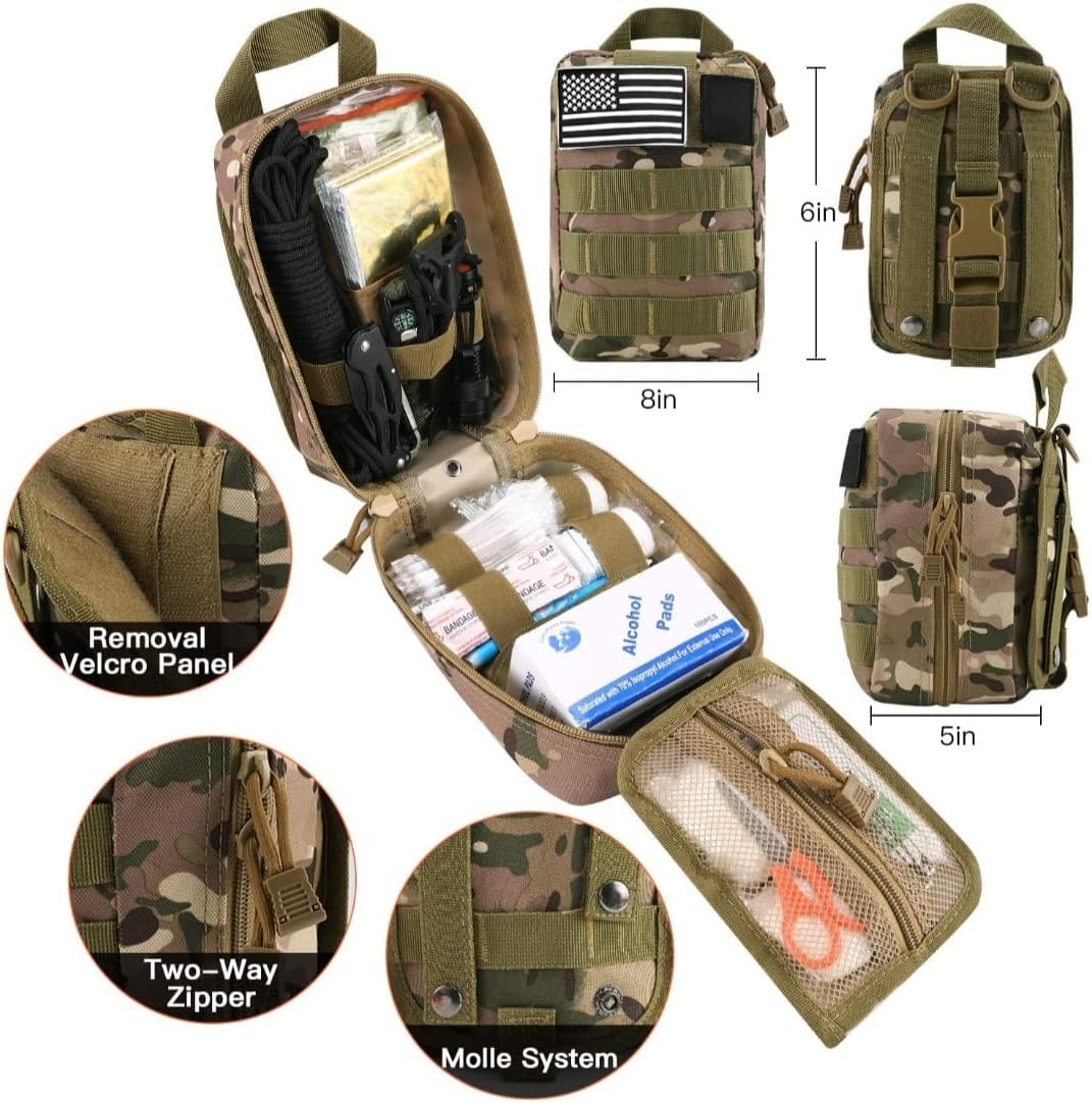 All in one Emergency Survival Kit for Camping, Hunting, Hiking, Car, RV, Bug Out Bag Tactical Pouch & American Flag Patch