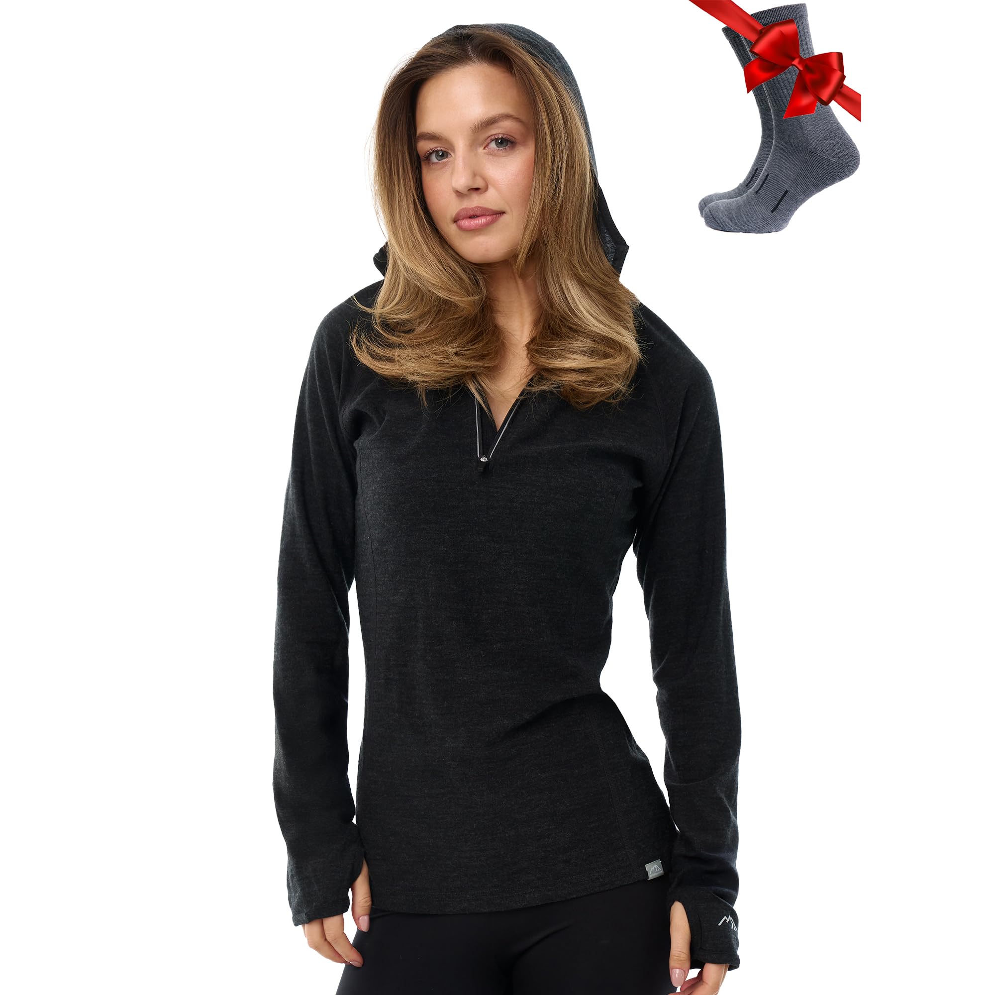 Merino.tech Сapuche Pull Mérinos Femme - Coupe Ajustée 100% Laine Merinos sous Vetement Femme et Сhaussettes
