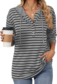Womens Fashion Hooding Blouse Top Long Sleeve Stripe Contrast Stitching Pullover Drawstring Basic Model Fall 2025