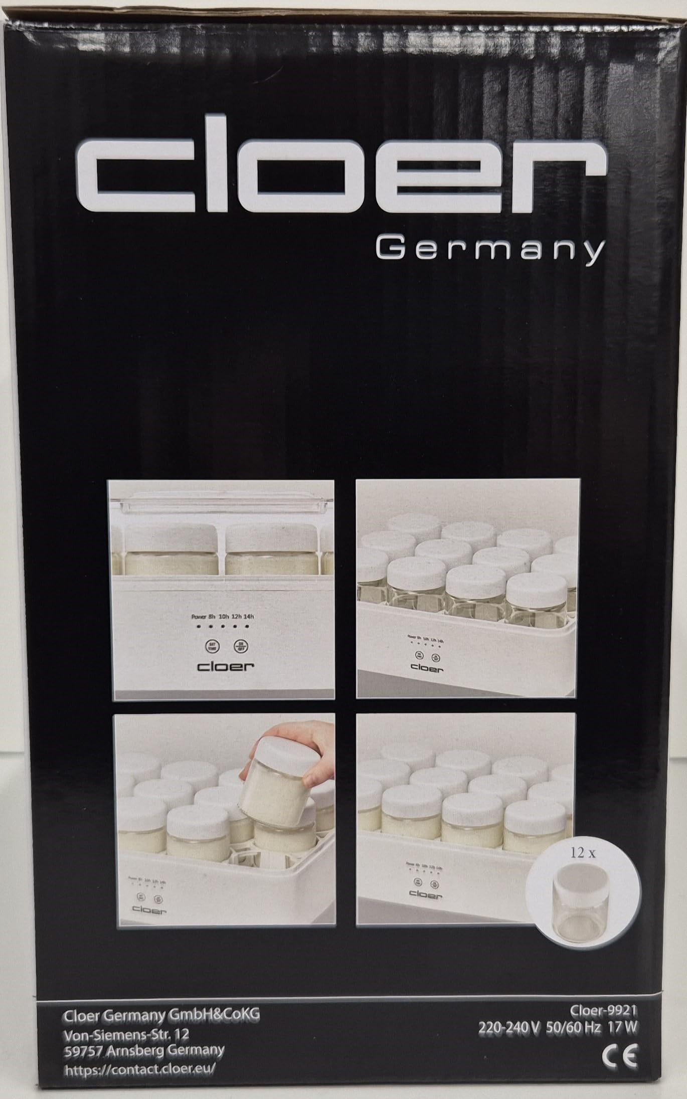 Cloer 9921 Yaourtière pour 12 pots, chacun 150 ml de capacité, pour yaourts et ferments, minuterie, 8 à 14 heures, boîtier en plastique blanc, 17 W, couvercle transparent