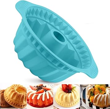 Cake Mould Silicone Baking Pan, 24cm 9.5'' Fluted Tube Cake Pan Ring Cake Tin for Baking, Jelly Mould Round Baking Tin with Handle Grips, Non-Stick Coating for Chiffon Cheesecake Gugelhupf Blue