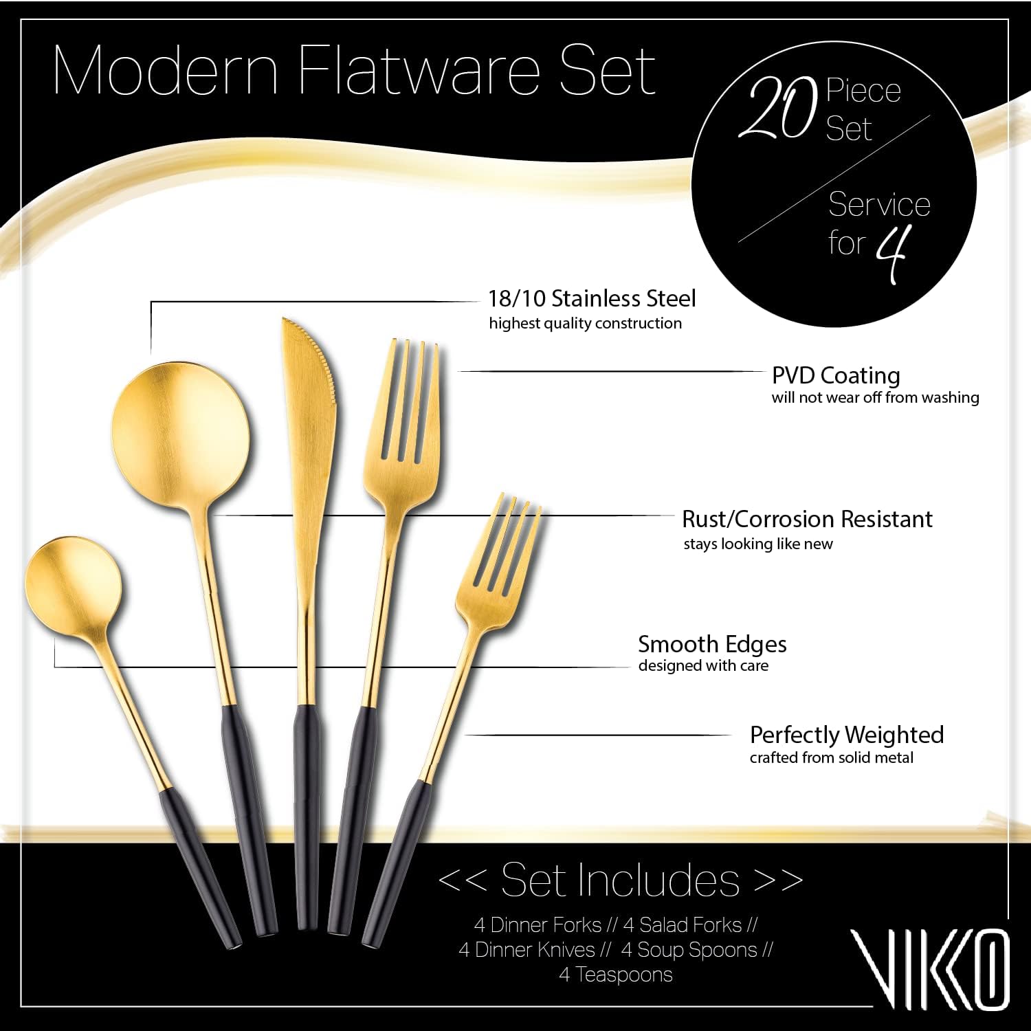 Vikko Dine Modern Silverware Set: Unique Brushed Black and Gold Set - Satin Matte - 18/10 stainless steel flatware For Upscale Dining and Entertaining- 20 Piece Cutlery Set - Service for Four (4)
