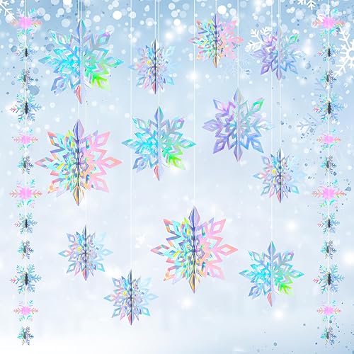 23pcs 3D Iridescent Christmas Snowflakes Hanging Snowflake Garland Decoration for