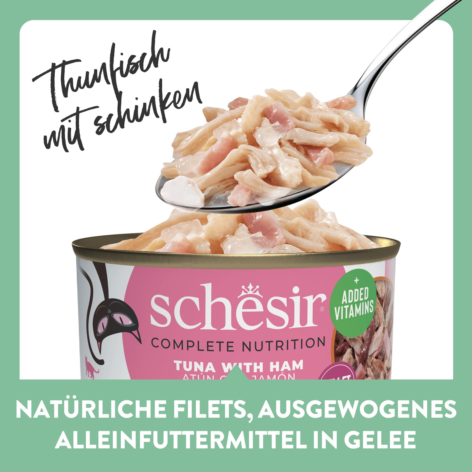 Schesir, Thunfisch mit Schinken in Gelee, Vollwertiges Nassfutter für Katzen, Mit Zugesetzten Vitaminen, 100% Natürlich, Cruelty-Free, 6 x 50 g