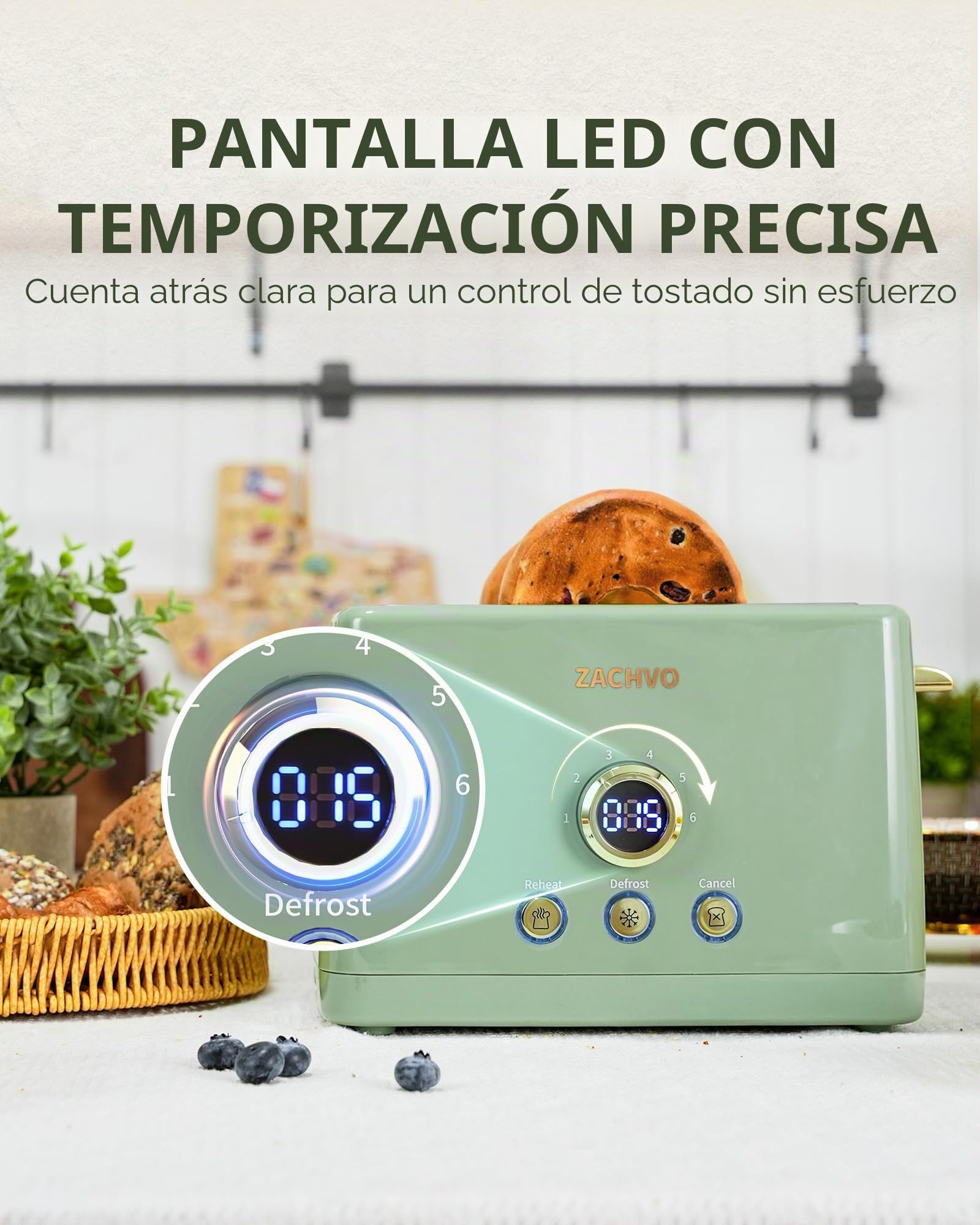 Tostadora Pan - 2 Rebanadas, 6 Niveles de Dorado, Ranura Ancha, Rejilla Calefactora, Verde