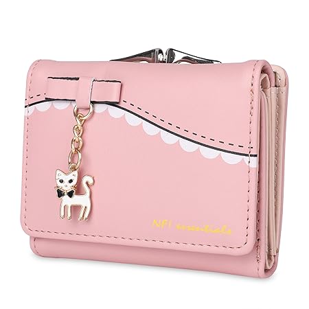 Nfi essentials Small Multi Fold Womens Wallets with Seprated Pouches for Holding Credit Card, Cash & Coins with Cat Shaped Metal Keychain (Pink)