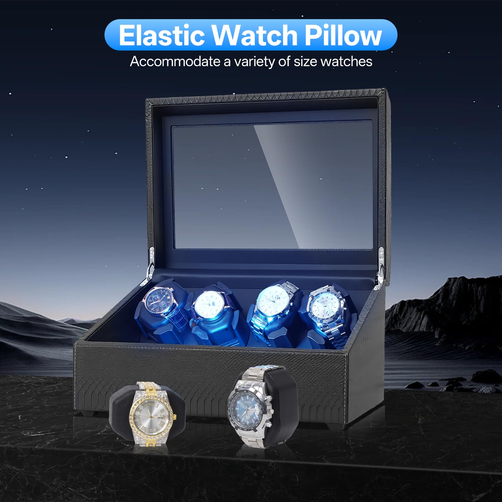 Isili Watch Winder für Automatikuhren, Luxus-Uhrenbeweger mit LED-Beleuchtung, 6er Uhrenbeweger + 6 Staufächer mit leisen Motoren, Geschenk für Vatertag (PU-Schlangenleder)