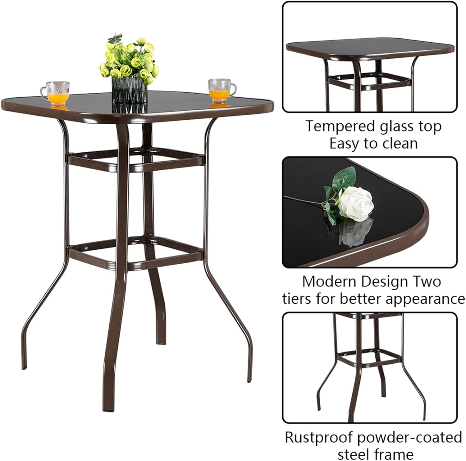 Wrought Iron Glass High Bar Table Patio Bar Table Brown Outdoor Patio Furniture for Yard and Bistro