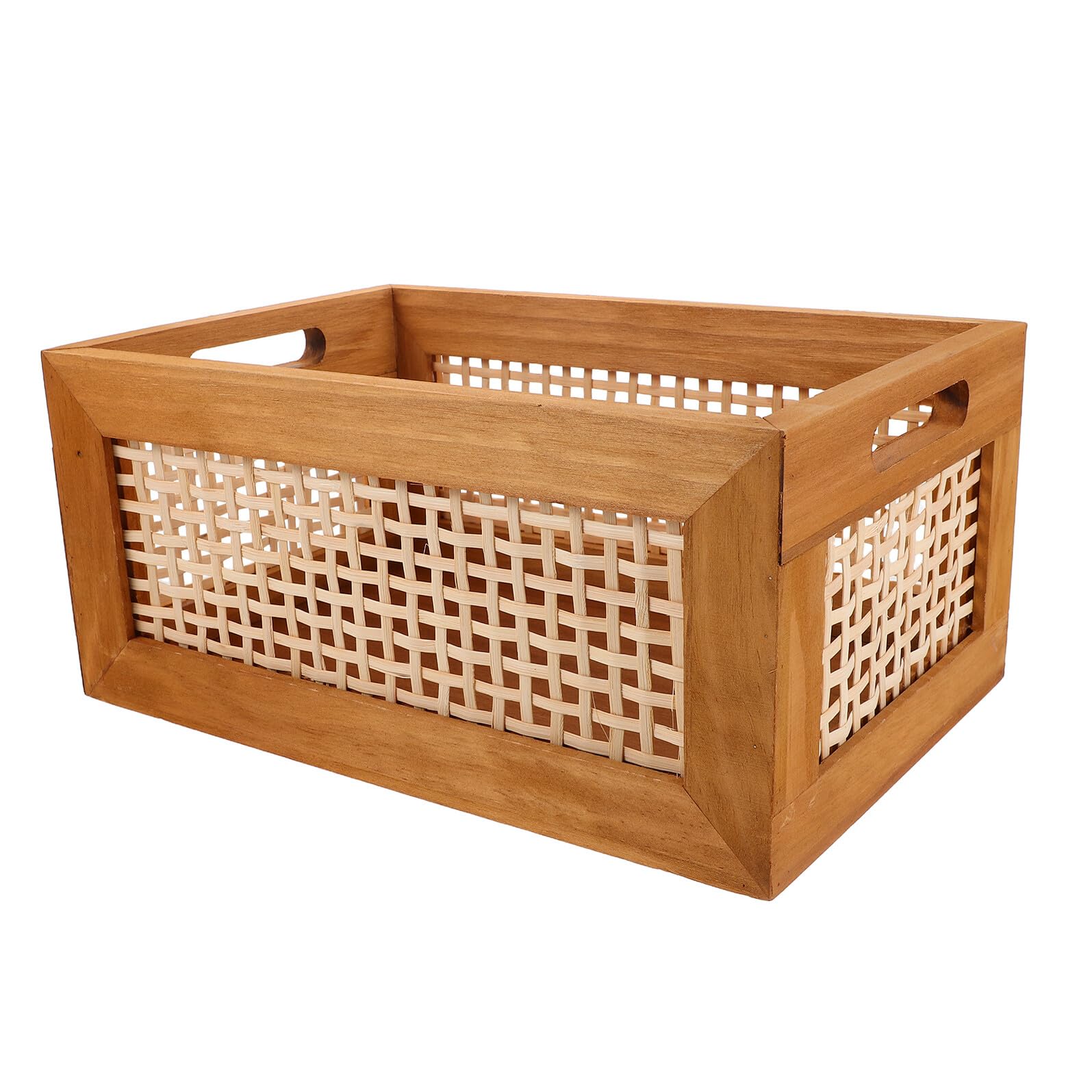 Cesta Rústica de Madera Rectangular para Almacenamiento y Decoración | Bambú Tejido, Asas Integradas, Color Caqui, Uso en Encimera y Oficina, Apta para Libros y Material