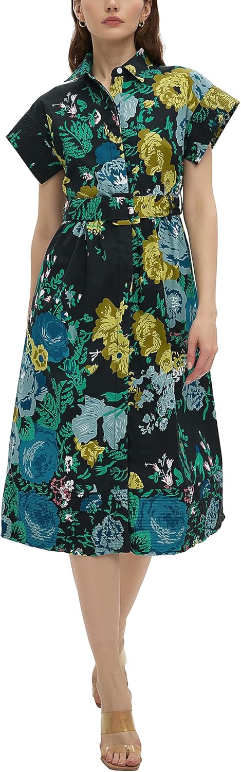 D-Sun Women Button Down Shirt Dress V-Neck Floral Printed Short Sleeves Mid Shirt Dress Belt A-Line Party with Pockets