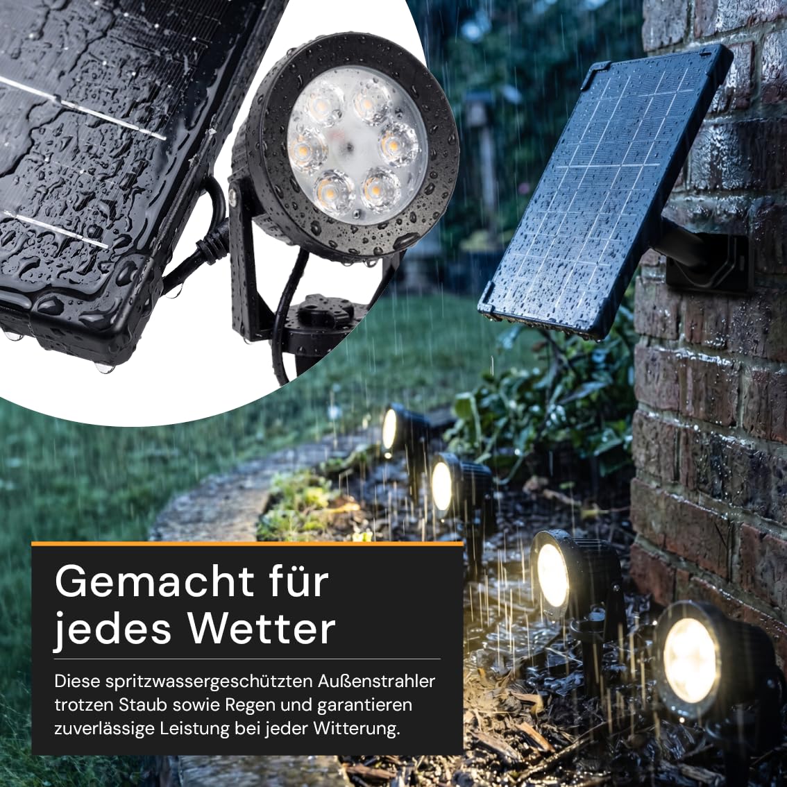 4er Pack Solarstrahler Garten Schwarz, 5W, 3000K Warmweiß | 200lm, IP54, mit Solarpanel, Erdspieß, 3m Kabel und Akku, Gartenstrahler und Solarlampe für außen