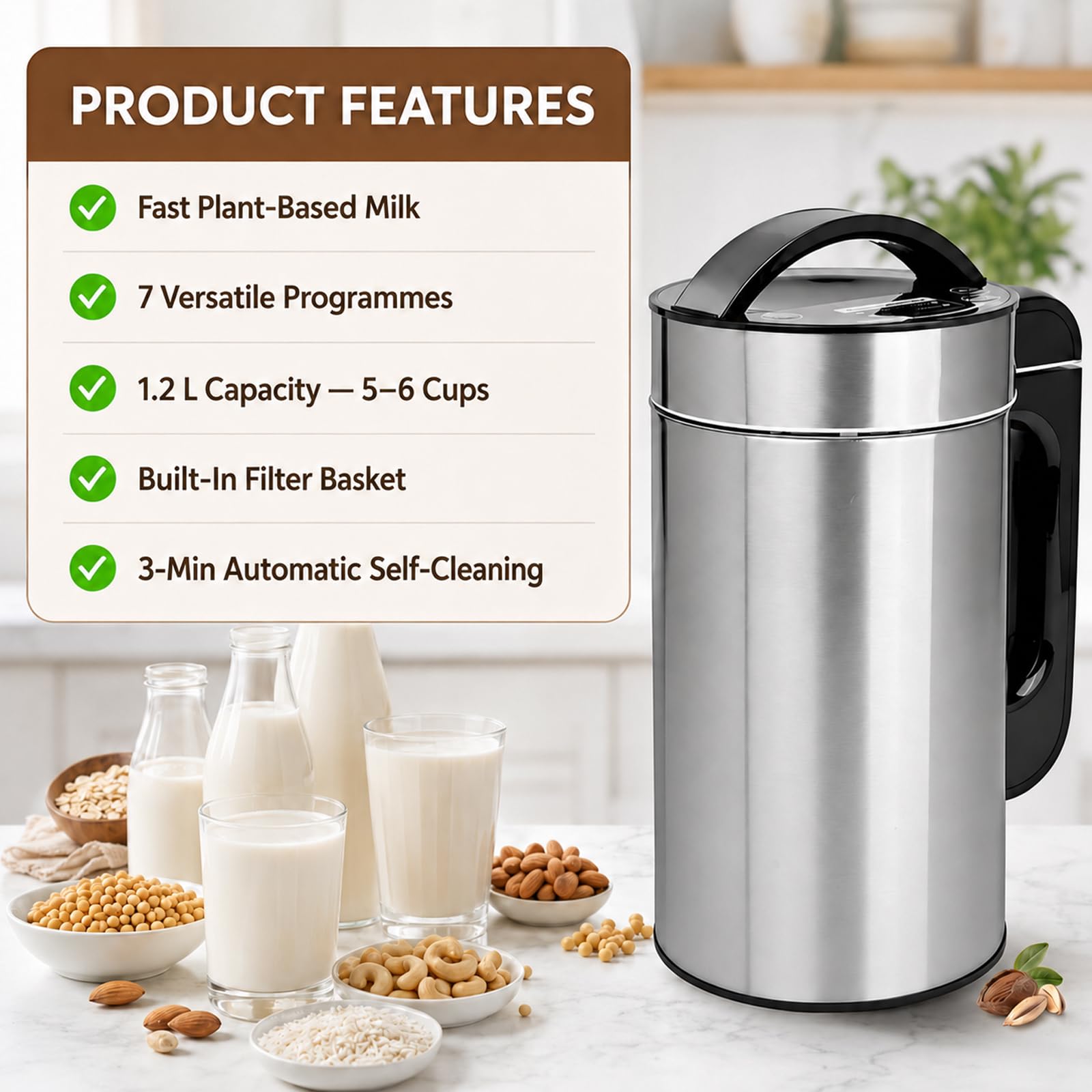 Macchina Automatica per Latte Vegetale 1,2 L, 7-in-1 con Avanzamento LED | 4 Lame in Acciaio Inox, Autopulizia 180 Sec. e 25.000 Giri/Min per Latte di Mandorla, Avena, Porridge e Creme